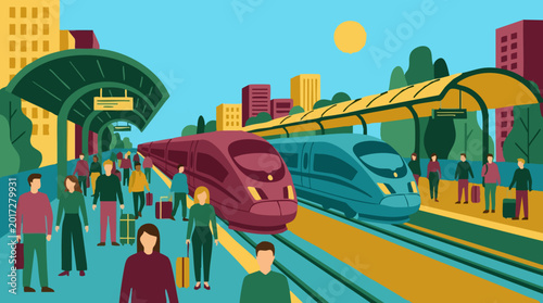 Quadro em tela People at a modern train station with high-speed trains, urban transport