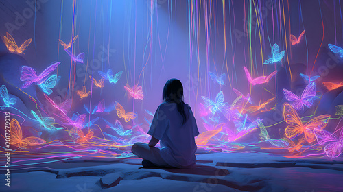 a girl in a room of glowing butterflies