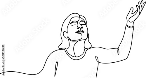 Fotografie Woman with eyes closed, arms raised in praise, single line drawing