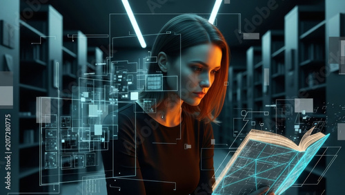 Woman reading digital book with holographic display. Future of education and knowledge access. Innovative technology for learning concept.