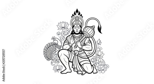 Photography Lord Hanuman Illustration, Hindu Deity, Monkey God, Meditation Pose, Lotus Flowe