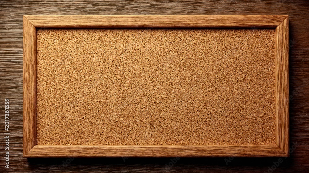 Fototapeta premium Empty wooden framed corkboard on a textured wooden background, ready for notes