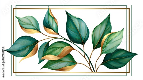 Leaves in green watercolor, set within a gold frame.