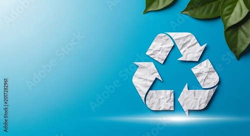 Recycle symbol made from crumpled paper on a blue background with green leaves