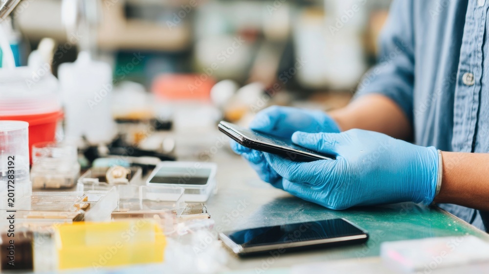 Fototapeta premium Person in gloves checks smartphone in a workspace with tools and materials