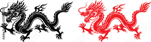 Foto Traditional Red Chinese Dragon Silhouette with Zodiac Symbol and Crawling Detail