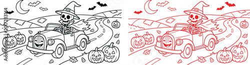 Fotografia Cute skeleton driving car , Halloween line art coloring page, ready to print