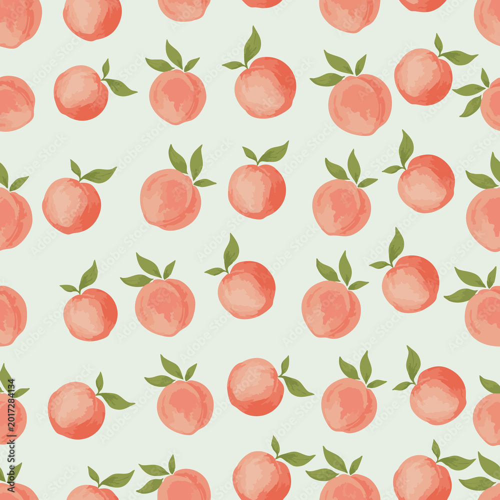 Obraz premium Hand painted watercolor peach seamless pattern featuring soft pastel peaches and green leaves.