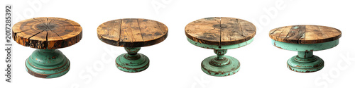 Four rustic wooden cake stands with aged turquoise pedestals and natural round tops
