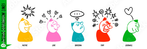 Photos Comic character face expression set with doodle style figures and simple line effects in bright colors
