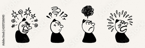 Comic character expression set with doodle faces and motion effects showing e...