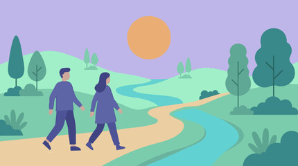 Crédence de cuisine Corail vert Couple walking on a winding path in a peaceful natural landscape illustration  © Nomadic