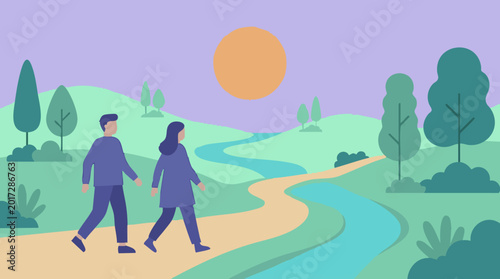 Fotografía Couple walking on a winding path in a peaceful natural landscape illustration