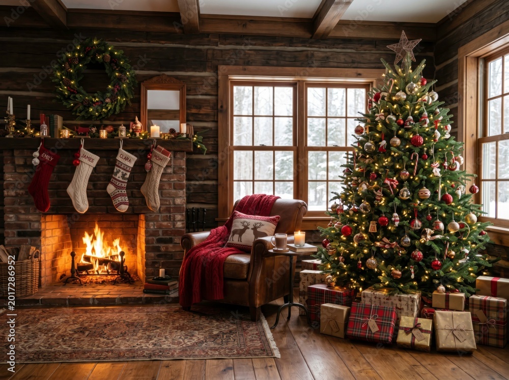 Obraz premium Cozy Christmas Lodge Interior: A warm, inviting lodge interior, with a decorated Christmas tree, glowing fireplace, and festive decorations, creating a scene of holiday cheer.