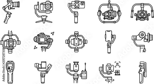 Konstfotografi Line Art Icons Set: Photography and Videography Equipment including Camera Gimbals, Smartphone Stabilizers, and Professional Video Gear for Film Production