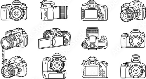 Tableau sur toile Black and White Line Art of Various Digital SLR Cameras and Lenses, Technology I