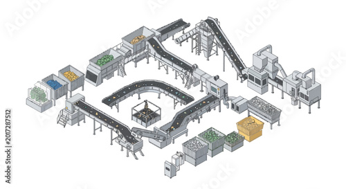 Isometric view of a modern industrial sorting and recycling facility.