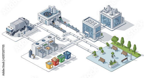 Isometric illustration of a waste recycling plant with a garbage truck and park.