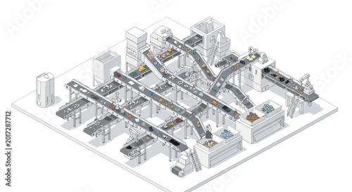 Isometric illustration of a waste sorting facility with conveyor belts and machinery.