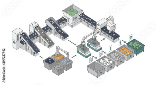 Isometric illustration of an automated industrial sorting and packaging process.
