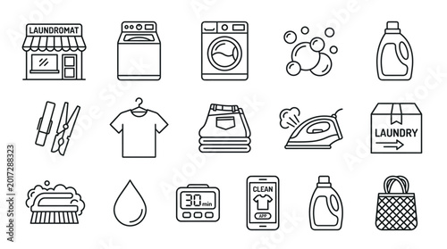 Fotografie Collection of line art icons representing various laundry services and household cleaning tasks, including a laundromat, washing machines, detergent, ironing, and clothes care