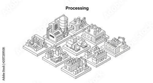 Isometric illustration of a processing plant with various industrial buildings and structures.