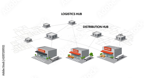 Illustration of a logistics and distribution network with connected hubs and buildings.