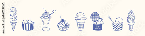 Schilderij op canvas Vintage dessert border set featuring cones, sundaes and ice cream cups in minimalist line art