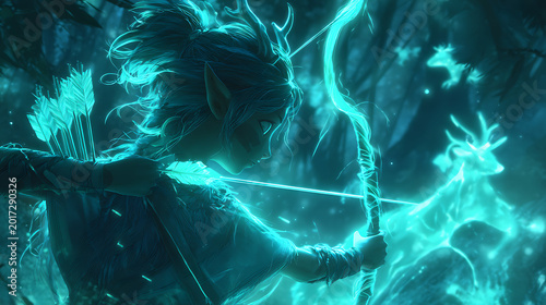 female anime character elf archer in sparkling forest