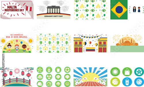 Vibrant of global flags, landmarks, and unity symbols with brazil flag international unity