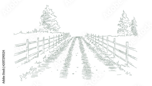 Bilde på lerret Country road with wooden fences and trees in outline style vector design element