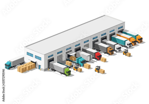Fotografija Trucks unload cargo at a busy warehouse loading dock facility with workers