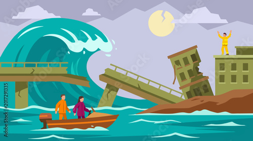 Canvas Print Tsunami disaster with destroyed bridge, collapsing buildings, and people seeking