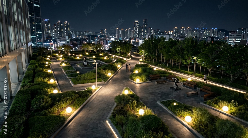 Fototapeta premium Urban rooftop garden at night with illuminated pathways and city skyline in the background, featuring greenery and seating areas for relaxation
