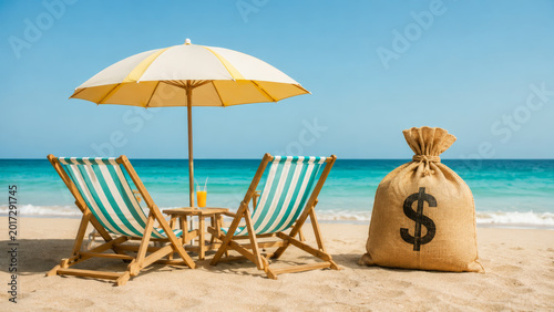 Financial concepts in debt management are illustrated by large money bag on sandy beach with striped chairs and umbrella under clear blue sky showing relaxation and wealth