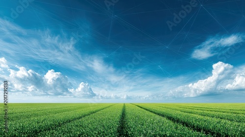 Green crop field with parallel rows under blue sky with clouds and abstract network overlay