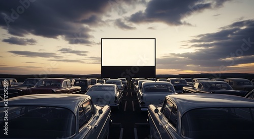 Rows of vintage cars parked at a drive-in movie theater facing a large screen under a dramatic cloudy sky at dusk.