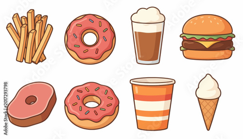 Stack of Assorted Donuts, French Fries and Sweet Treats in a Vibrant Arrangement