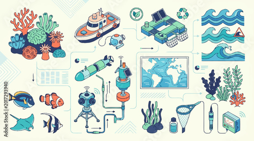 Cuadro en lienzo Collection of ocean conservation and pollution illustrations.