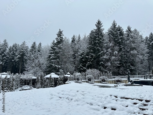 Snow covers trees and structures in a winter landscape at a location surrounded by nature during a cloudy day