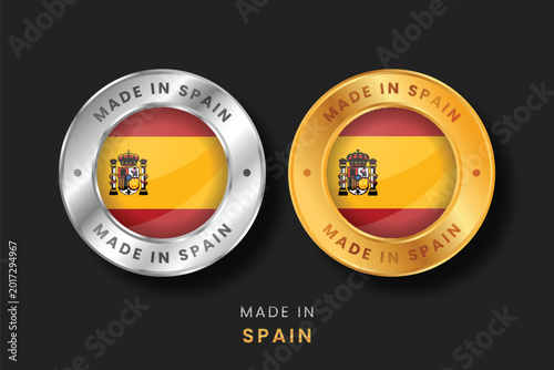 High-quality gold and silver badges with the Spain flag. Made in Spain emblems for export, premium products, manufacturing, and official origin certification