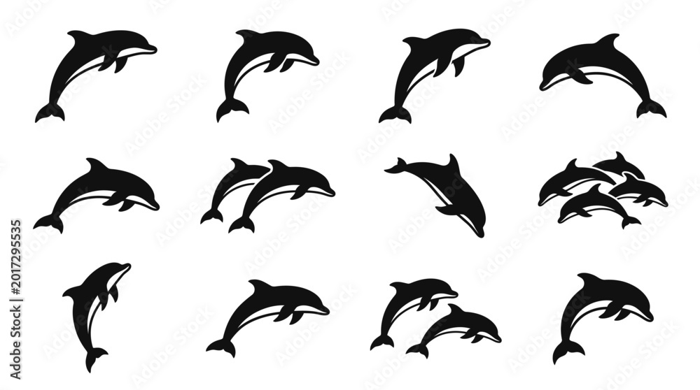 Obraz premium Several dolphins are jumping and swimming together in the ocean.