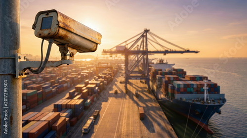 Surveillance system monitoring cargo terminal at shipping port during sunset, for global logistics and trade security.