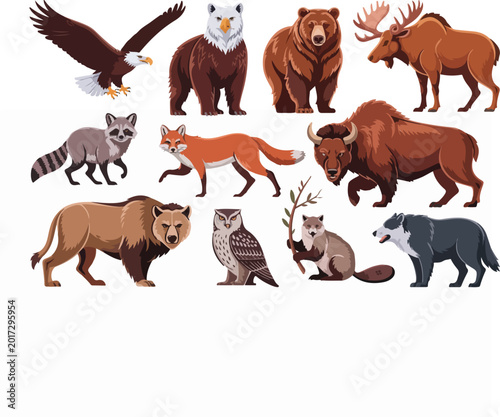 Canvas Print Flat north american wild animals collection set including eagle bear moose fox raccoon bison owl beaver and gray wolf
