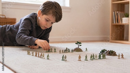 Young boy playing with toy soldiers on carpet at home  