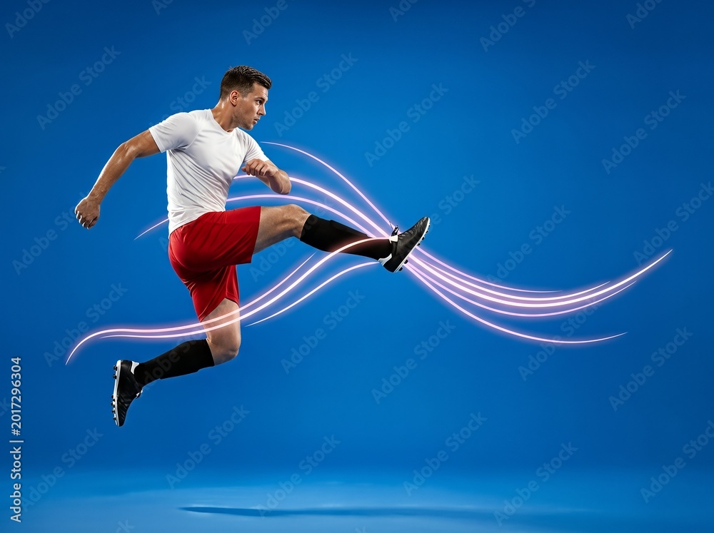Fototapeta premium Male athlete executing a powerful high kick in mid-air, wearing sports attire on a bright blue backdrop.