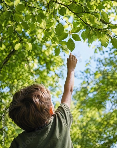 Young boy reaching up to touch green leaves in a sunny forest  
