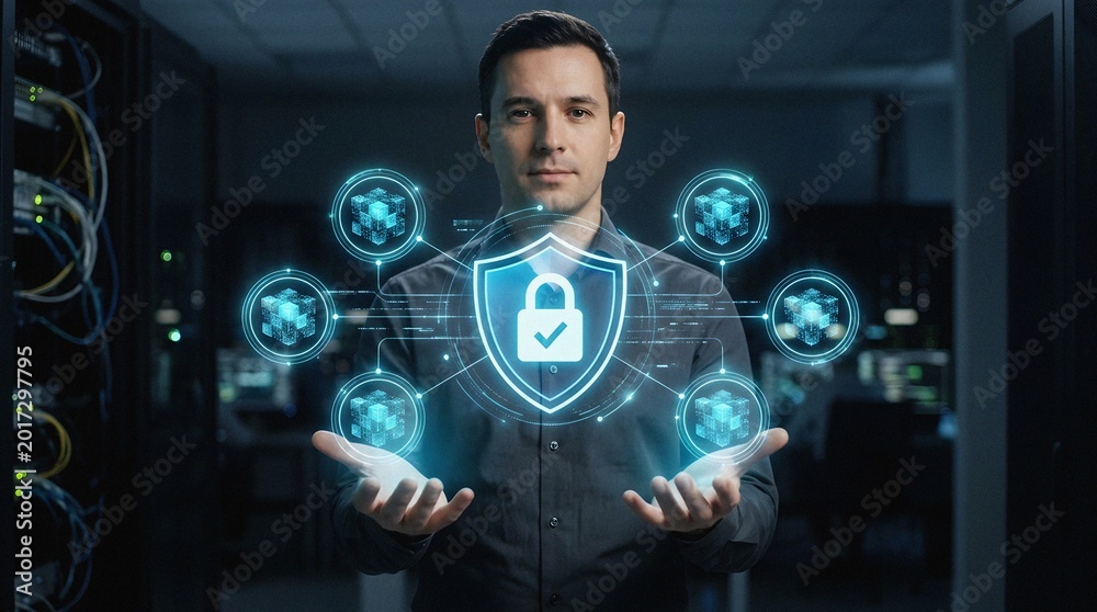 Fototapeta premium IT Professional Presents Digital Cybersecurity Shield & Data Protection
