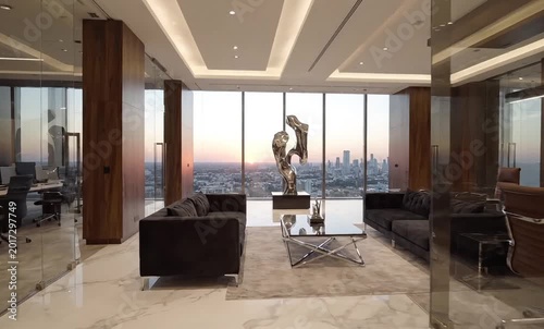 Modern executive office meeting room with city view at sunset and abstract