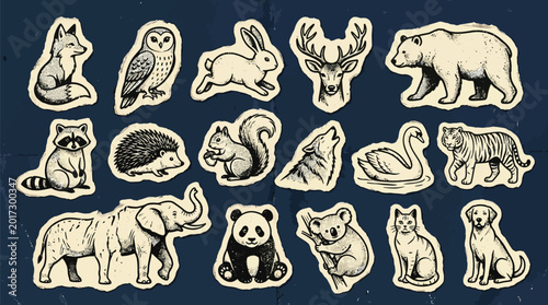 Photography A charming collection of hand-drawn animal illustrations, featuring a diverse range of wild and domestic creatures in a vintage, sketch-like style